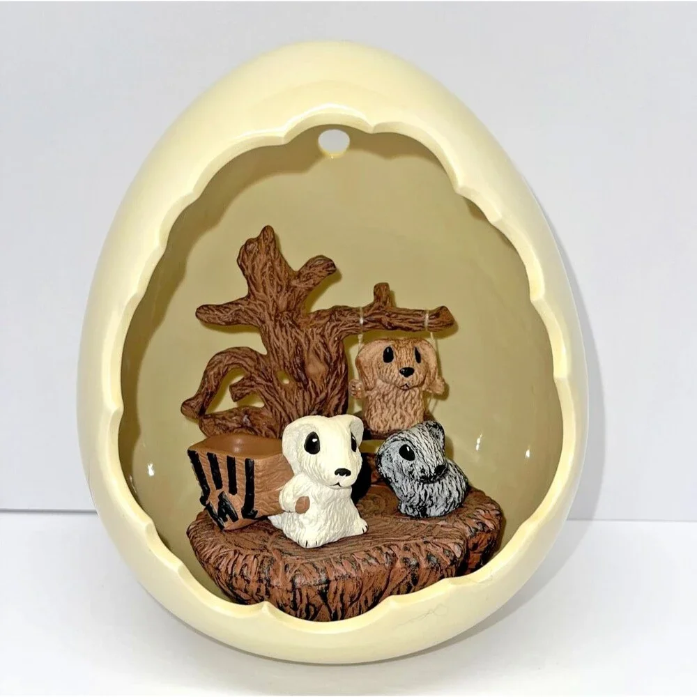 Vintage style ceramic egg diorama with woodland BUNNIES and tree swing, 7.5 inch